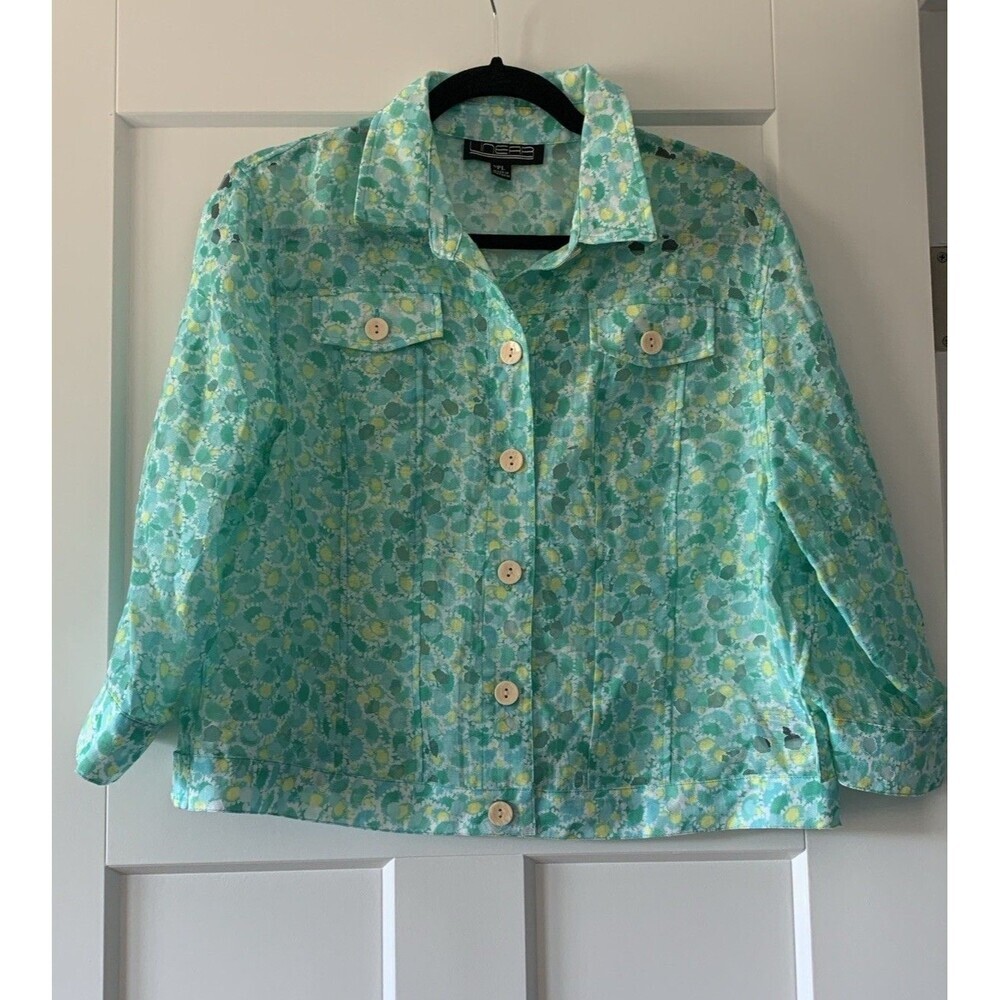 Linear Women's‎ 3/4 Sleeve Floral Button Up Sheer Green Multi-Color Shirt Sz PL